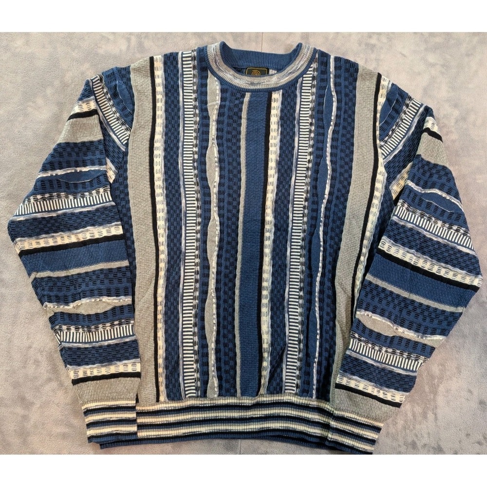 FX Fusion Sweater Crew Neck Blue 3D Knit Cosby Style Hip Hop Biggie 90's Men's L